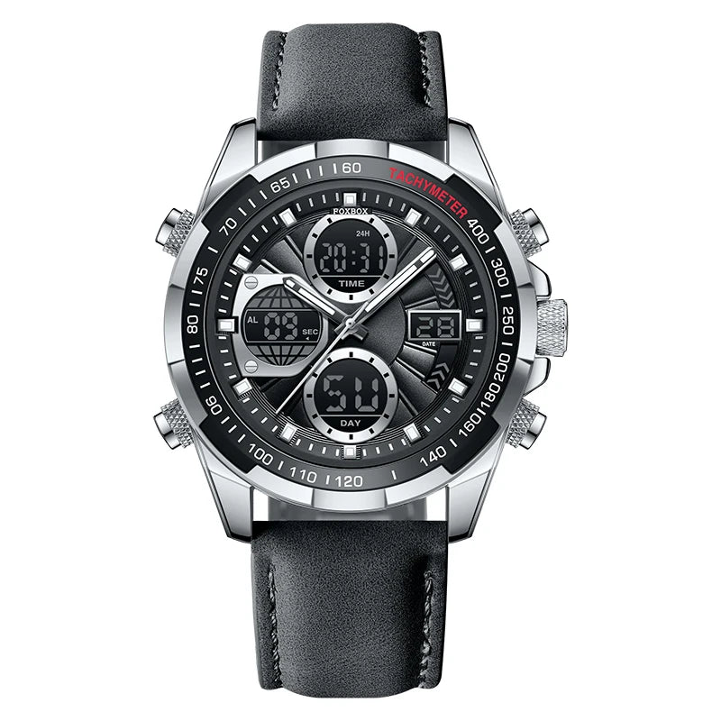 FOXBOX - Reloj de lujo para hombre, de marca superior, con alarma LED, de cuarzo, de cuero, resistente al agua, luminoso