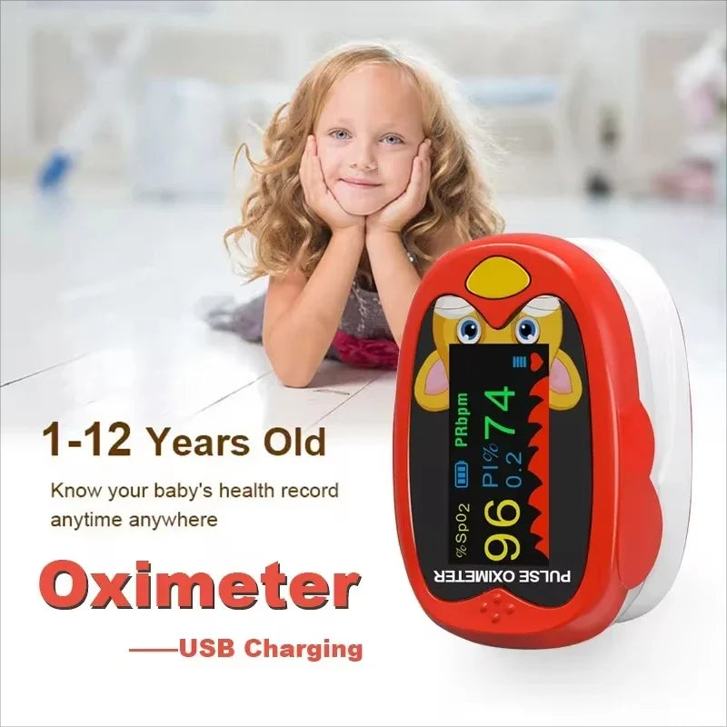 Oxímetro pediátrico USB, monitor de oxígeno en sangre de dedo para niños, oxímetro de pulso OLED, oxímetro digital para uso médico en el hogar.