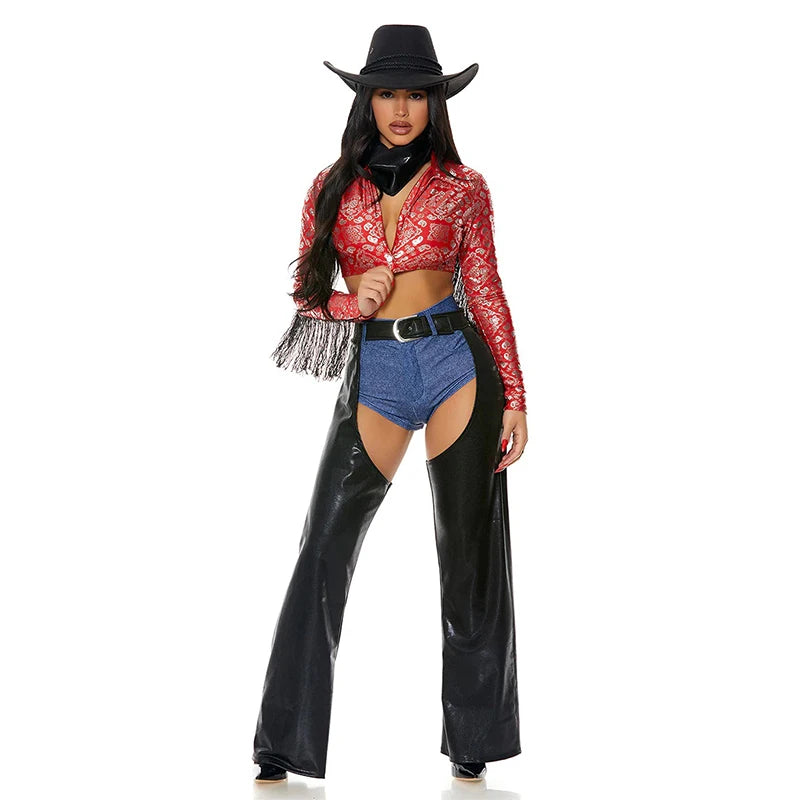 2025 New Arrival Red Black Ladies Ride Em Wild West Dess Up For Halloween Saddle Up Sexy Cowgirl Costume