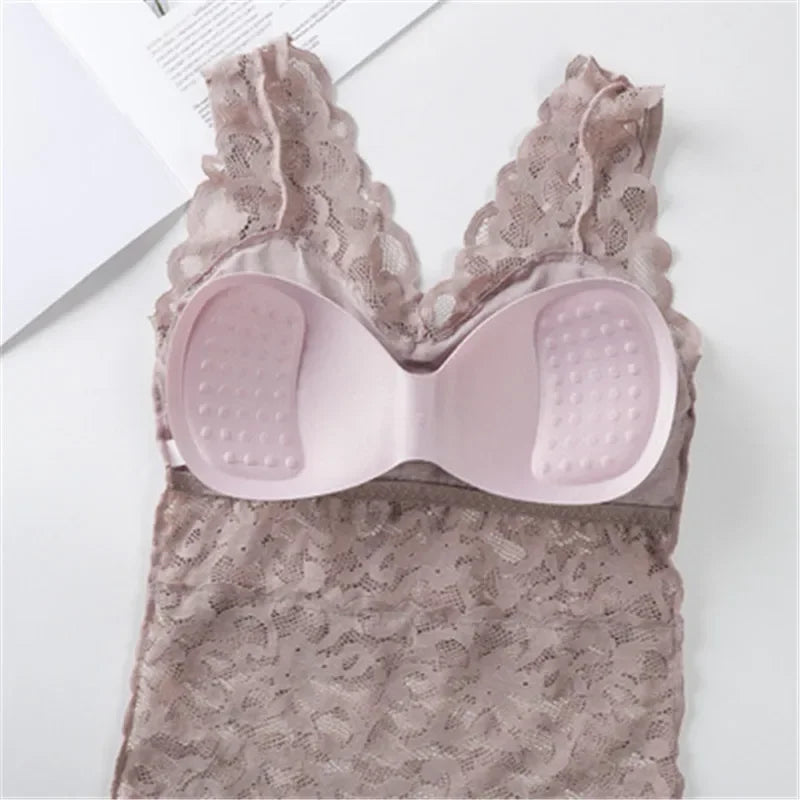 Camiseta de tirantes de encaje de talla grande para mujer, de longitud media, estilo fino de verano con almohadilla para el pecho, capa base, ropa interior exterior