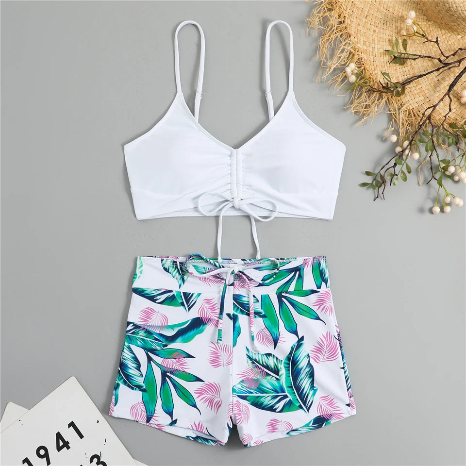 Bikini con cordón y estampado tropical para mujer, traje de baño de cintura alta con lazo frontal, pantalones cortos, traje de baño sexy para mujer, ropa de playa de verano