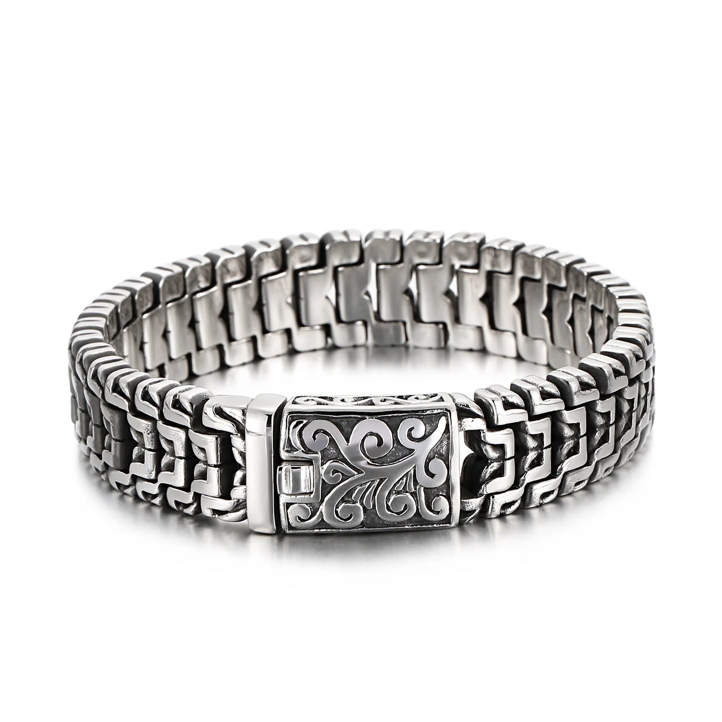 Pulsera de cadena motera de 16 mm que combina elementos modernos y retro - Acero inoxidable 316L - KB123643-BDJX