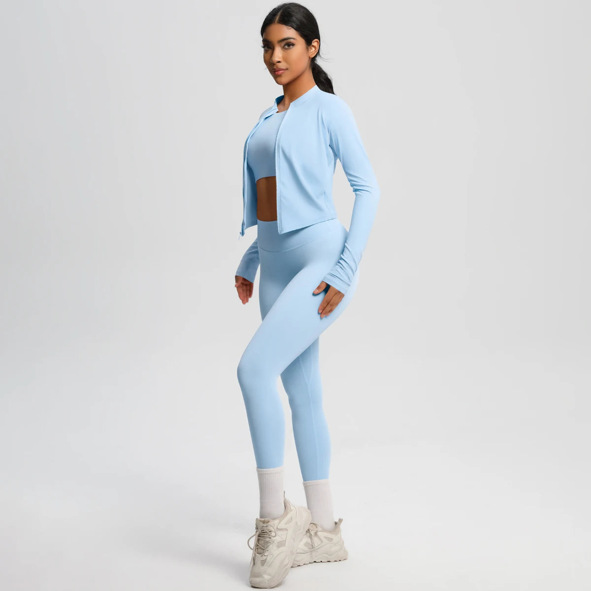 Conjunto de leggings de yoga, top deportivo con cremallera y manga larga, transpirable, para correr al aire libre, pantalones de yoga ajustados e informales, ropa de fitness