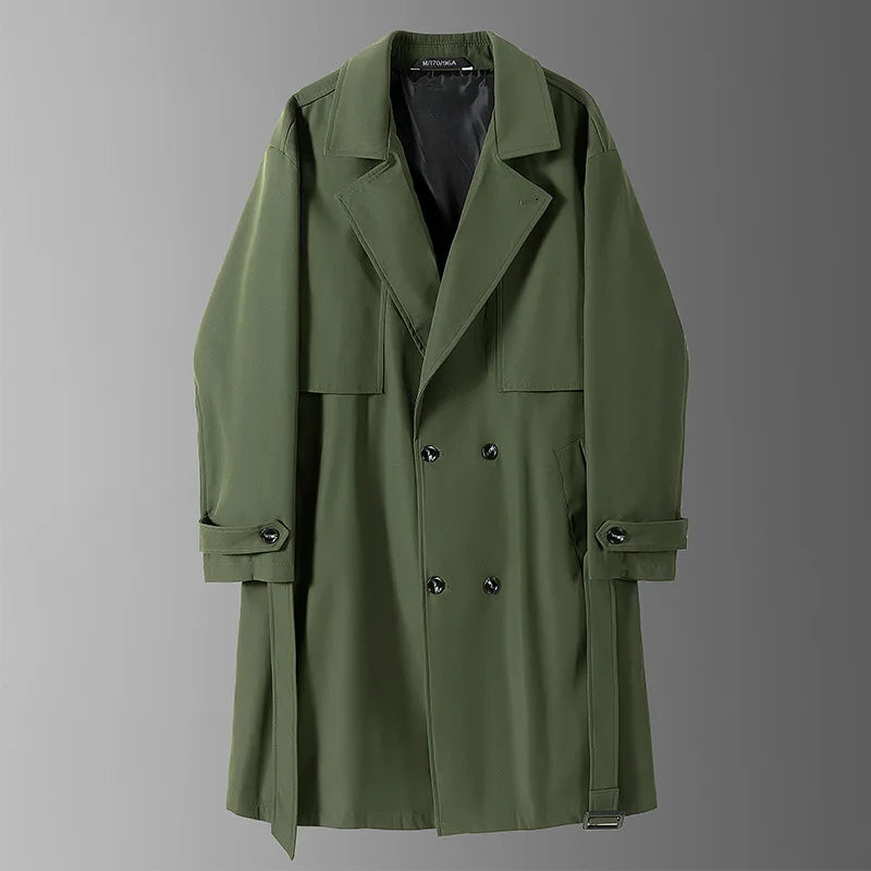 Gabardina larga de hombre, verde militar, corte ajustado, cruzada, con solapa de muesca, cortavientos, ideal para primavera y otoño, estilo casual para actividades al aire libre.