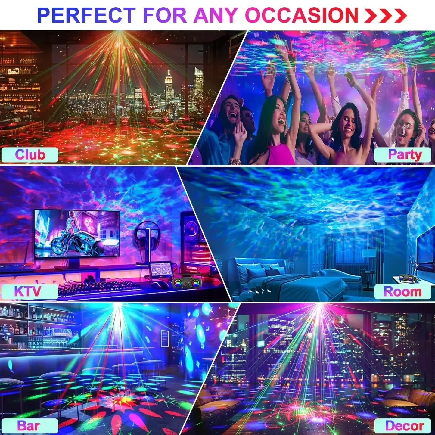 Luz de fiesta, bola de discoteca, luz de DJ, luz de discoteca, luz del océano, luz de estrellas, proyector, luz de baile, sonido activado con control remoto