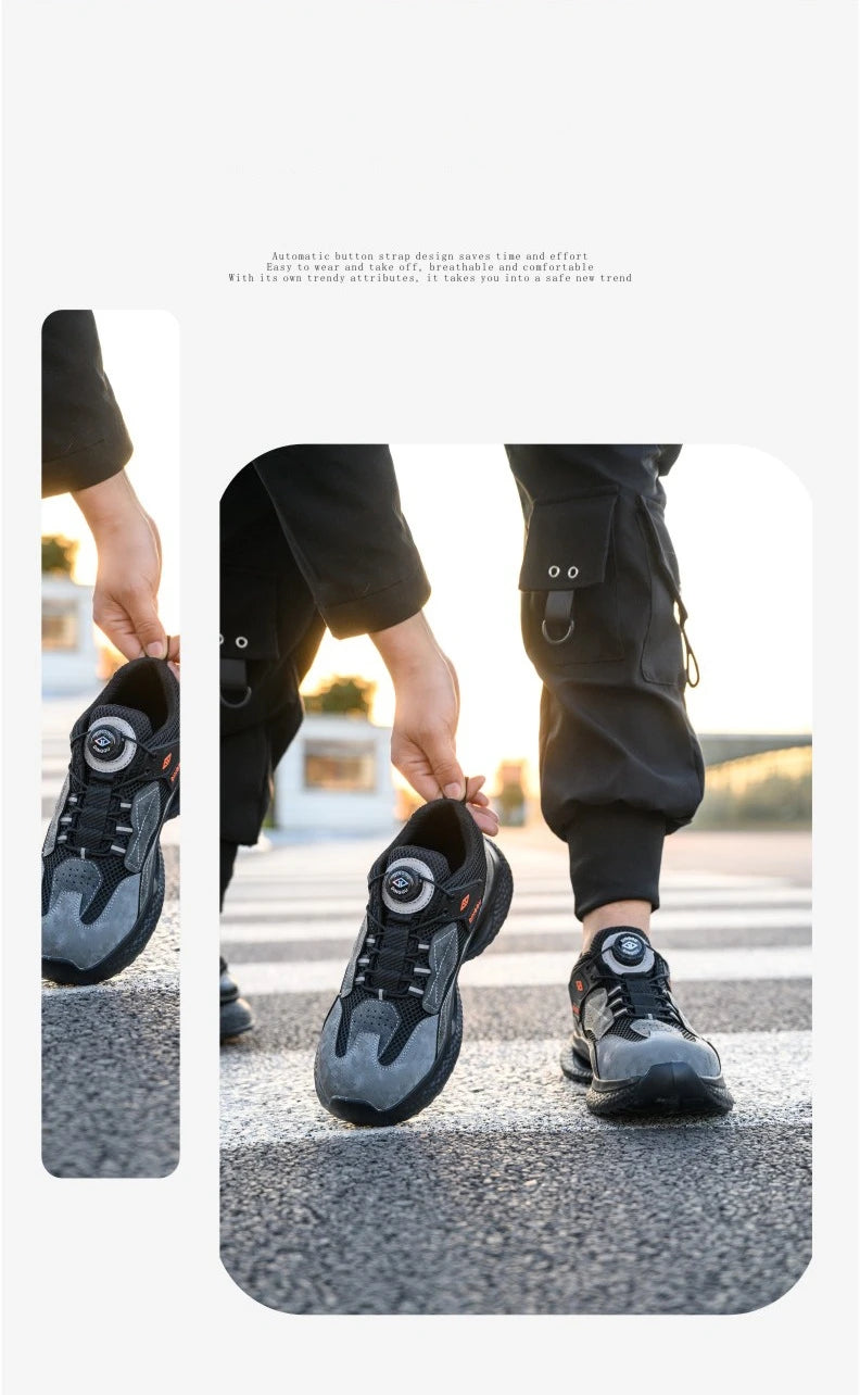 Zapatos de seguridad de trabajo con botón giratorio para hombres y mujeres, zapatos con puntera de acero, botas de seguridad indestructibles, zapatillas de trabajo protectoras ligeras.