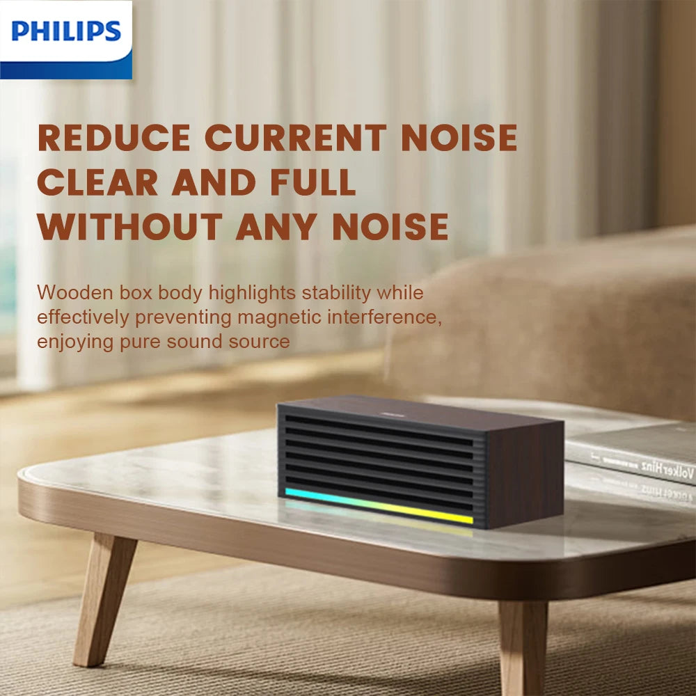 Barra de sonido de escritorio PHILIPS 3709, con un diseño de carcasa de madera simple, es moderna y compacta, y cuenta con tiras de luz RGB.
