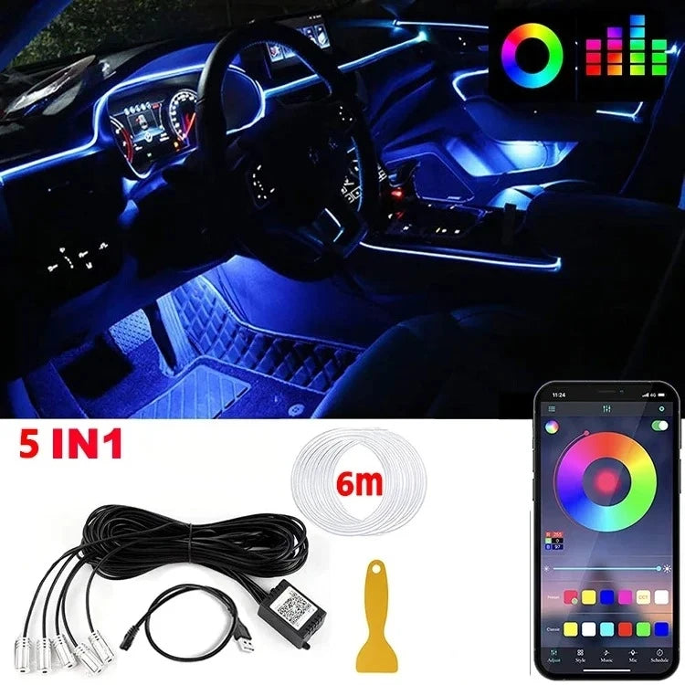 Tira de luces LED para ambiente interior de coche, RGB, fibra óptica, iluminación de neón con control remoto por aplicación, lámparas decorativas para coche