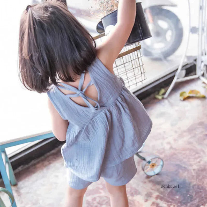 Conjuntos bonitos de blusa de algodón y pantalones cortos para niña pequeña, ropa de verano para niña pequeña