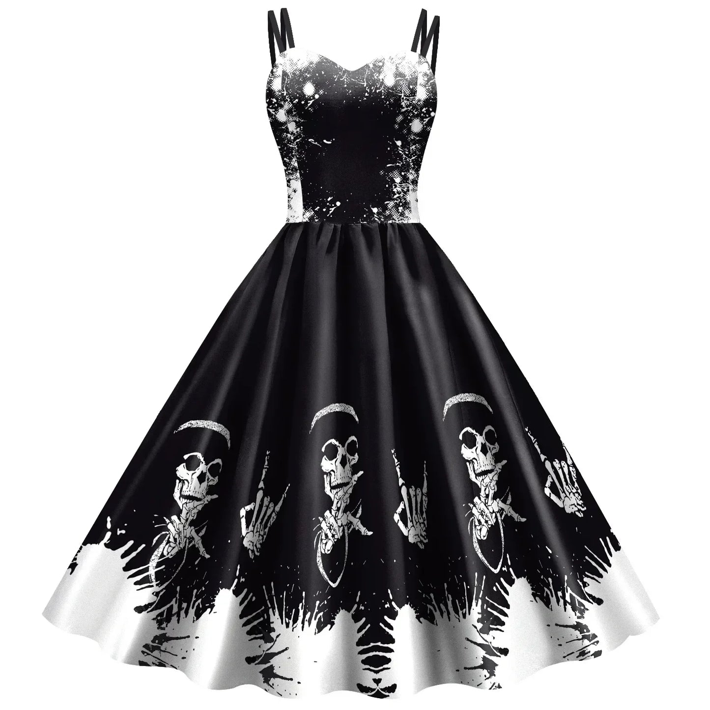 Halloween Costume Skeleton Rose Print Women Girl Female Goth Horror Rockabilly Carnival Fancy Dress Up Party Performance