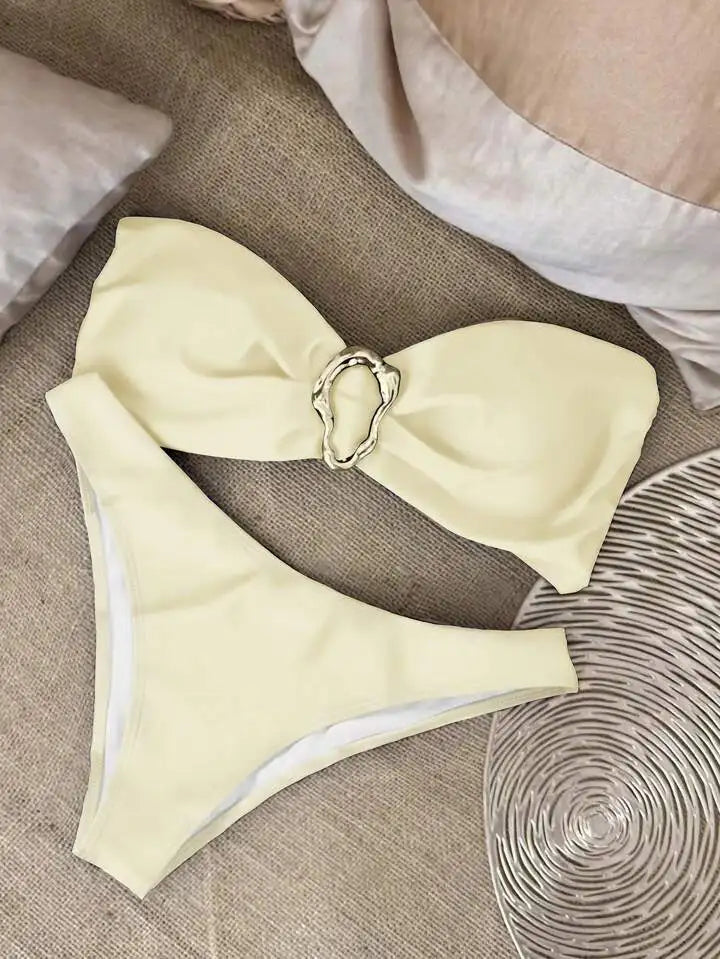 Conjuntos de bikini sin tirantes para mujer, traje de baño de dos piezas con efecto push up, bañadores sexys de color liso, ropa de playa sin espalda para mujer