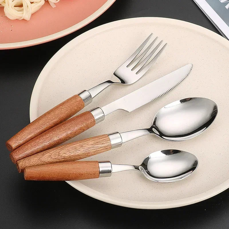 Juego de 4 cubiertos con mango de madera de acero inoxidable, cuchillo, tenedor y cuchara, apto para lavavajillas.