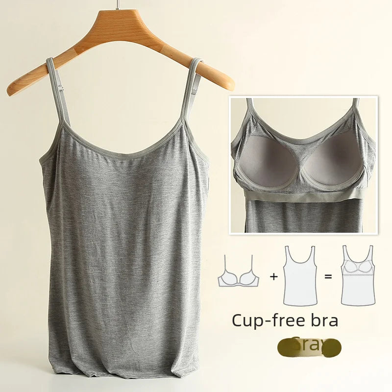 Chaleco de modal para mujer con almohadilla para el pecho, correa de ajuste fino, sujetador de una pieza, camiseta base, transpirable, cómoda, espalda, belleza, almohadilla de algodón