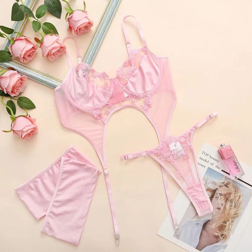 Conjunto de lencería sexy para mujer, ropa interior de encaje transparente, bikini con espalda en T, tanga, leotardo de corte alto, ropa de dormir erótica unicolor