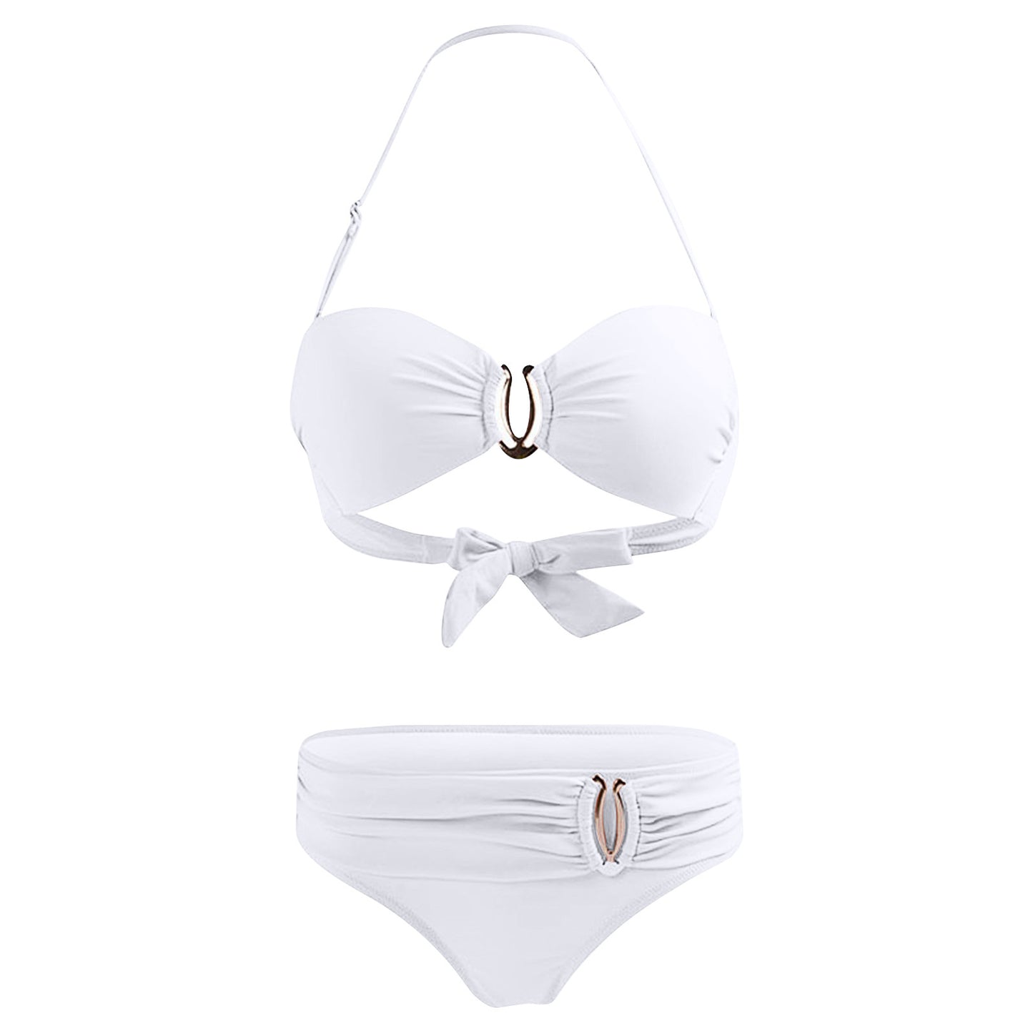 Bikini sexy con aros para mujer, traje de baño blanco liso con cuello halter, microbañador push up de metal, traje de baño brasileño de dos piezas 2023, nuevo