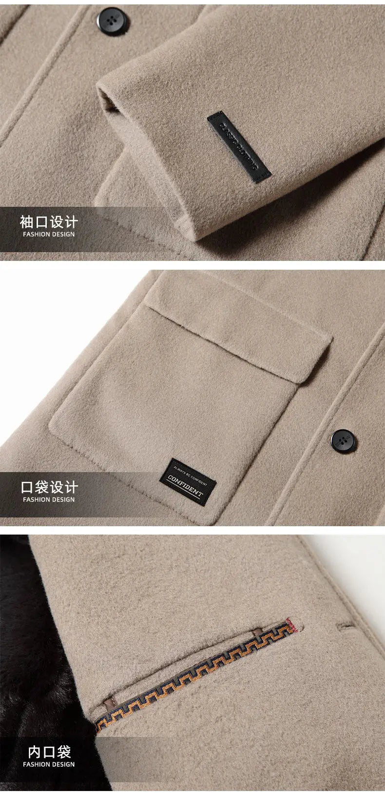 2024 Winter New Men's Hoodie Medium Long Woolen Coat Rabbit Plush Thick Warm Casual Coat High end Fabric 100% Pure Wool