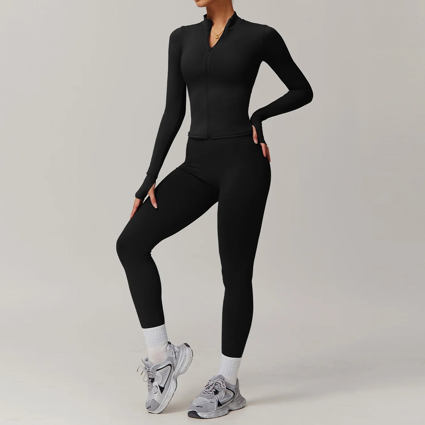 Conjunto deportivo de 2 piezas para mujer, chándal para correr, entrenamiento, con cremallera, pantalones cortos de manga larga, ropa de yoga, ropa deportiva