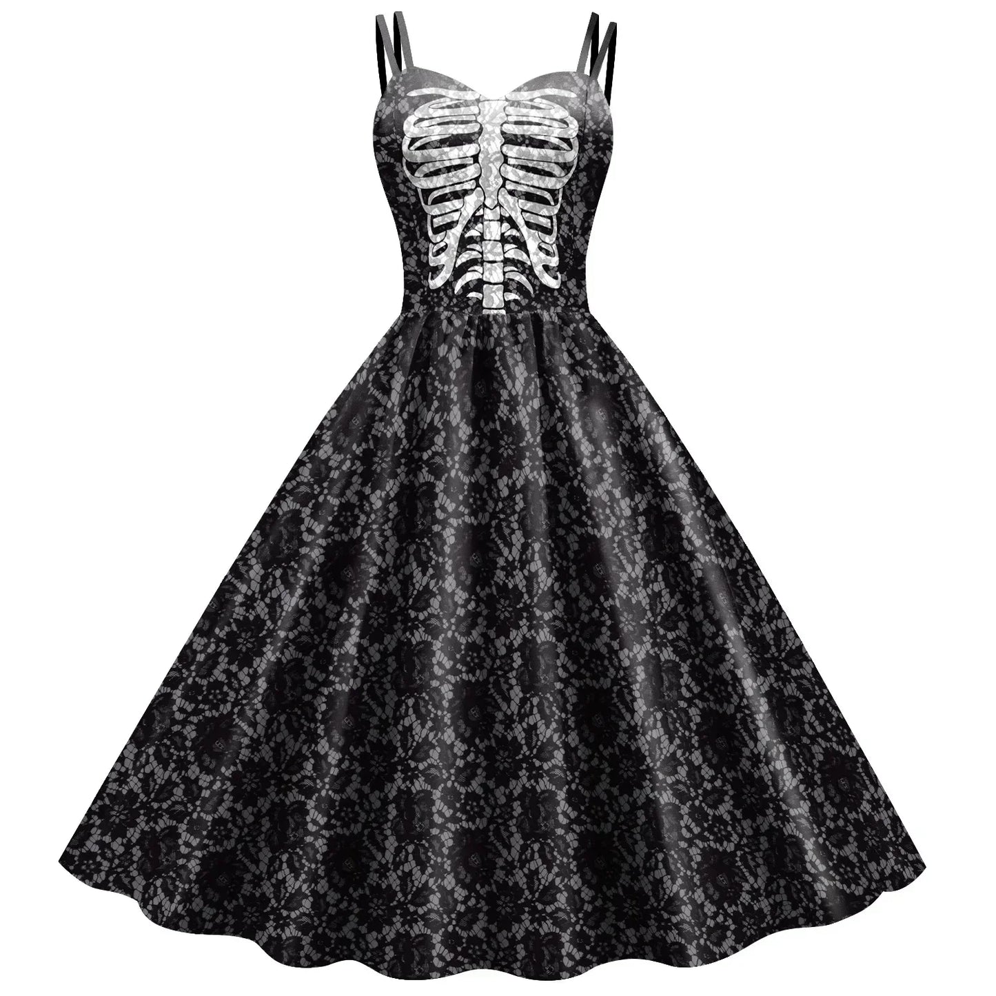 Halloween Costume Skeleton Rose Print Women Girl Female Goth Horror Rockabilly Carnival Fancy Dress Up Party Performance
