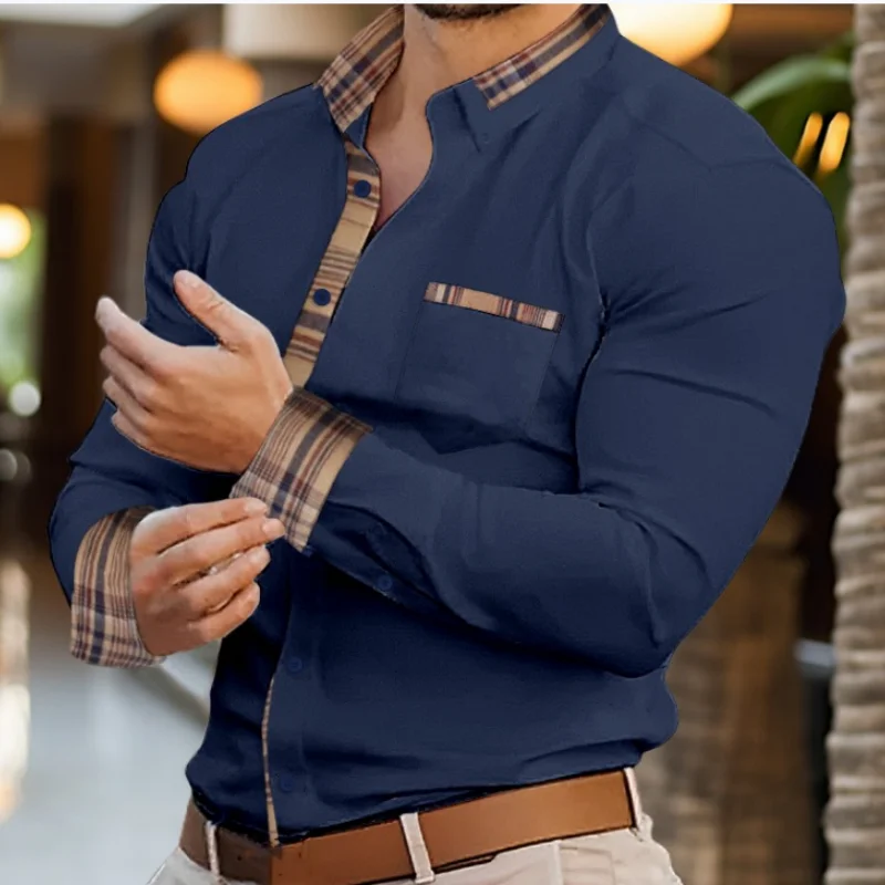 Camisa de hombre con solapa de color a juego, de algodón ramio, de manga larga, cárdigan de hombre, camisa informal holgada de moda para hombre