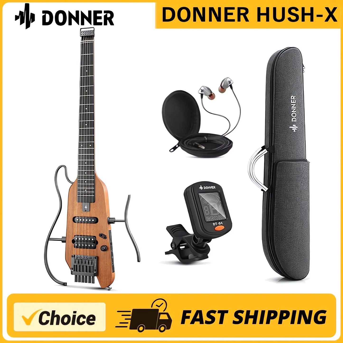 Guitarra acústica de viaje Donner HUSH-X, silenciosa, sin pala, con marcos extraíbles, cuerpo sólido de caoba ultraligero. HUSH X