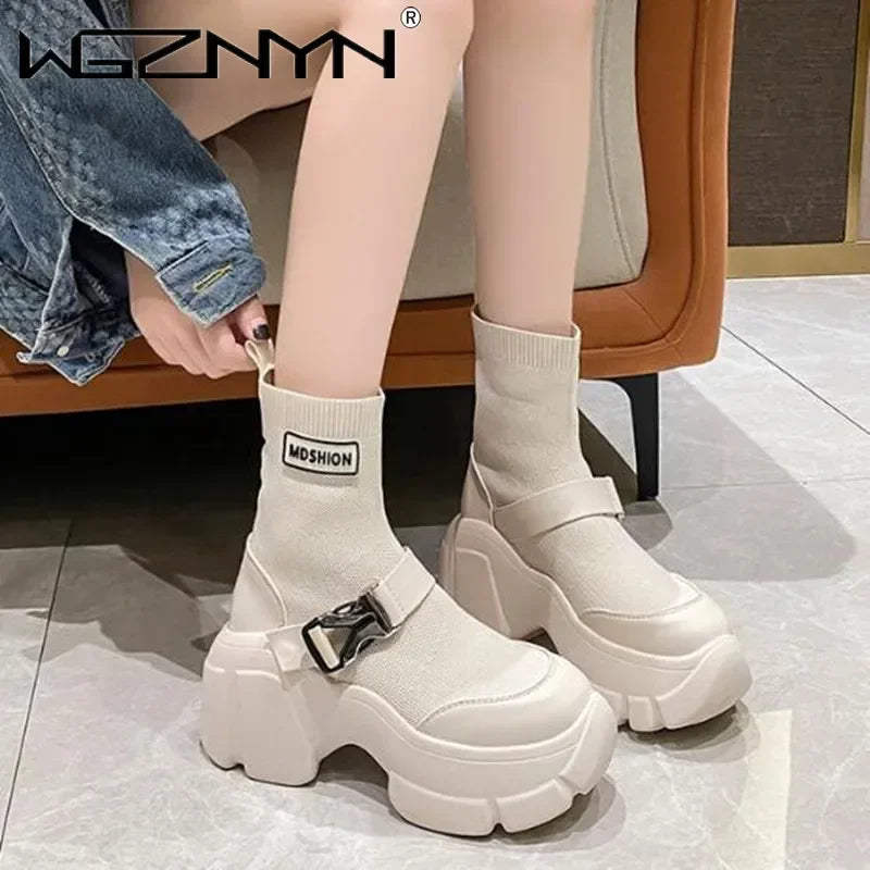 Botines de plataforma alta de 8 cm para mujer, botas cortas con suela gruesa y suela gruesa, antideslizantes, para motocicleta, para otoño