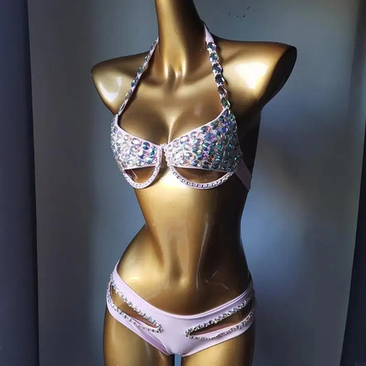 Sparkling Rhinestones Swimsuit for Women Padded Bathing Suit Halterneck Swimsuit