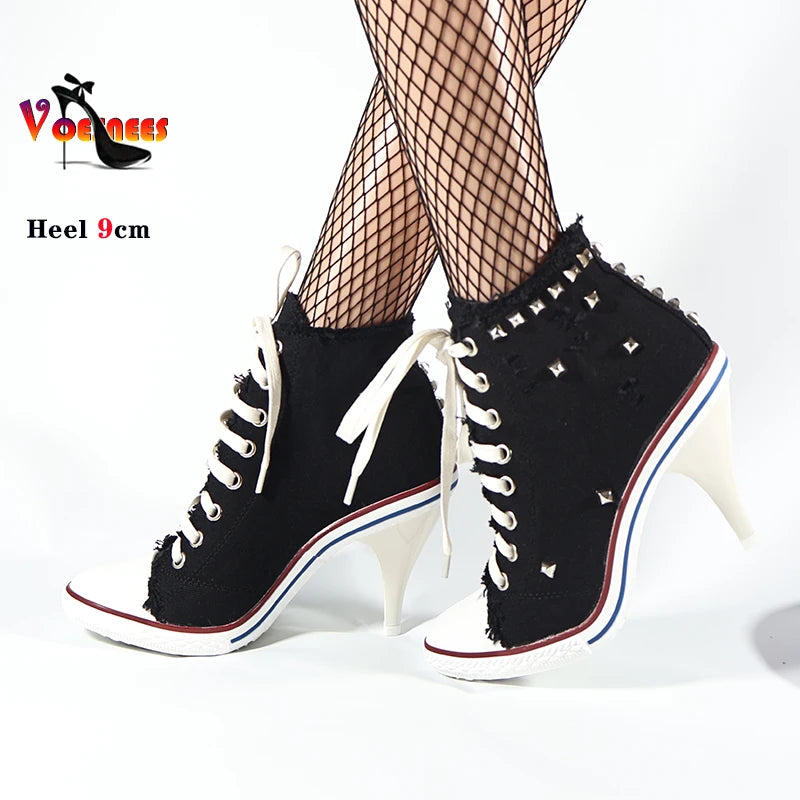 Botas cortas de mezclilla para mujer, botines con tachuelas y tacones altos, botas de mujer con remaches, tacones altos finos con cordones, zapatos de mezclilla