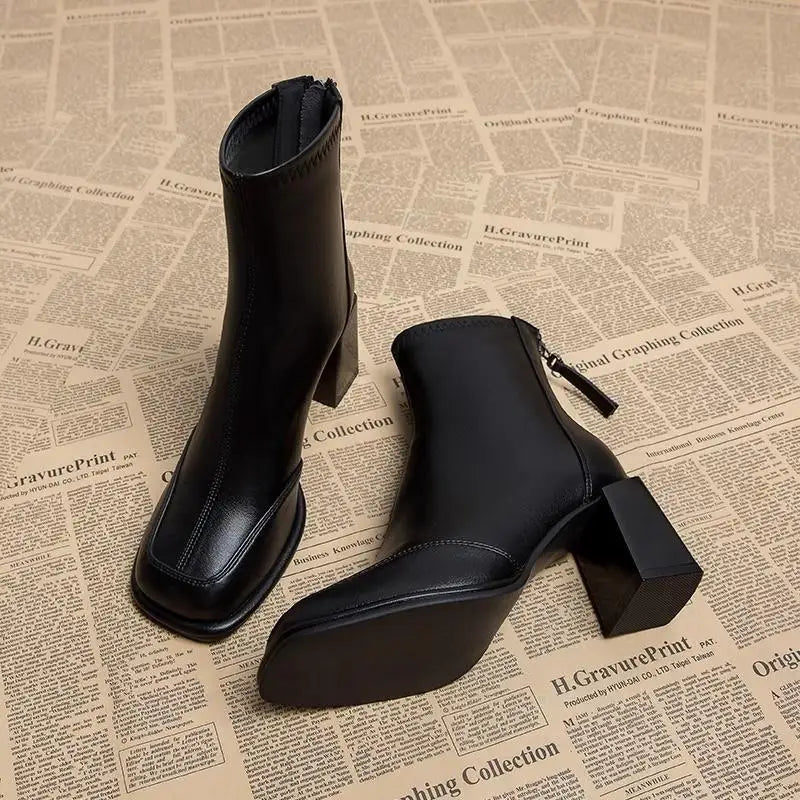 British Vintage Square Toe Ankle Boots Women 2025 Autumn Winter Thick High Heel Black Pu Boots Woman Cowboy Short Booties Shoes
