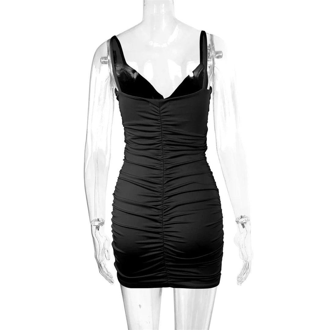 7 Color Sexy Wrinkled Pleated V Neck Sling Dress Short Club Ladies 2025 Summer Bodycon Dress Evening Party Tight Mini Dress D007