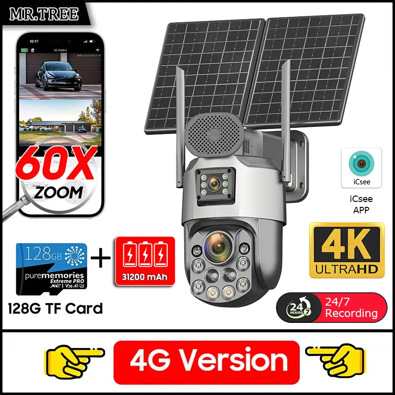 Cámara de seguridad exterior solar 4K con SIM 4G, 2 lentes/pantalla, zoom óptico 60x, seguimiento automático, PTZ 360°, videovigilancia doméstica IP.