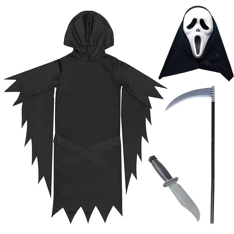 Kids Adult Horror Scary Costume Boys Girls Death Ghostface Dress Halloween Costume Children Ghost Robe Mask Costume