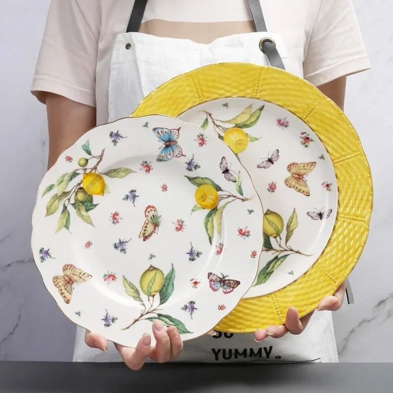 Plato de cerámica de estilo europeo para cena, elegante plato de carne con diseño de limón, juego de taza de café, plato de postre de cocina occidental