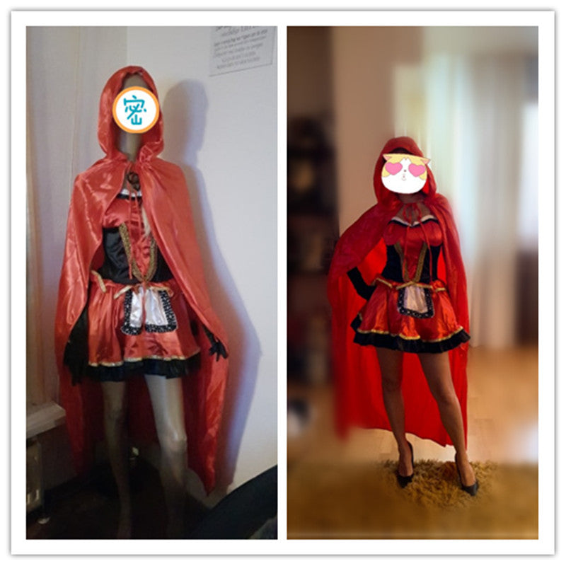 Women Little Red Riding Hood Costume Fancy Adult Halloween Cosplay Fantasia Carnival Fairy Tale Girl Dress+Cloak Women Party Set