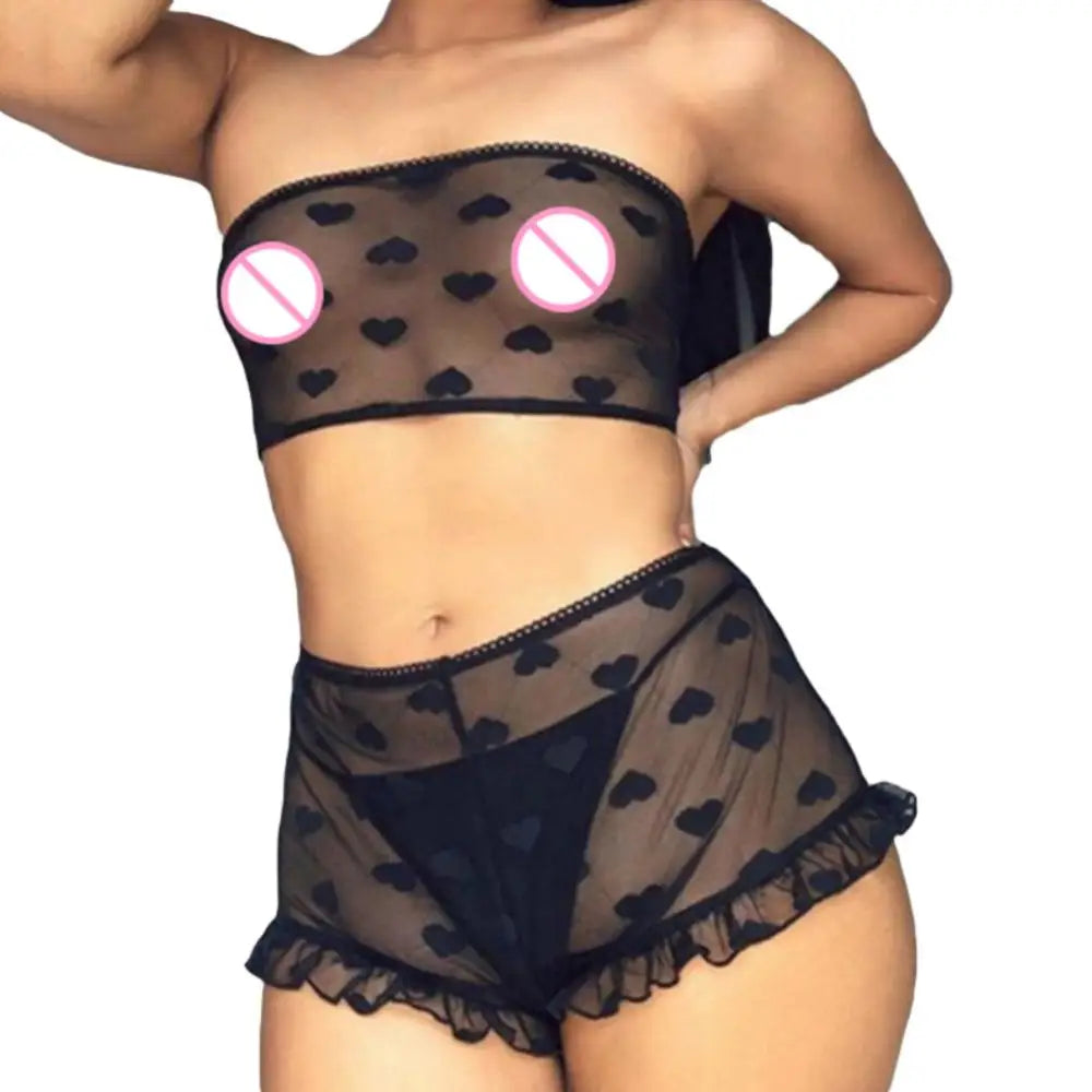 Conjunto de ropa interior erótica para mujer, top de tubo con estampado de corazones transparente, microshorts de encaje, lencería sin entrepierna, body sexy de encaje tipo babydoll.
