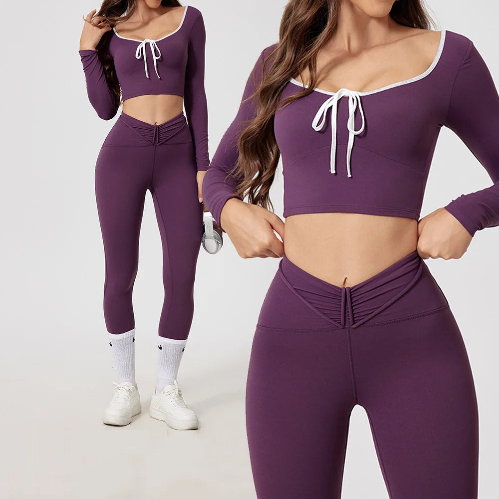 Conjunto de yoga para mujer: camiseta de manga larga, ropa deportiva, top corto, leggings de cintura alta y conjunto deportivo.