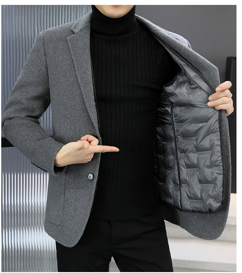 Slim Fit Detachable Down Liner Men's Woolen Coat High Quality 2025 Autumn Winter Casual Solid Color Short Style Warm Wool Jacket