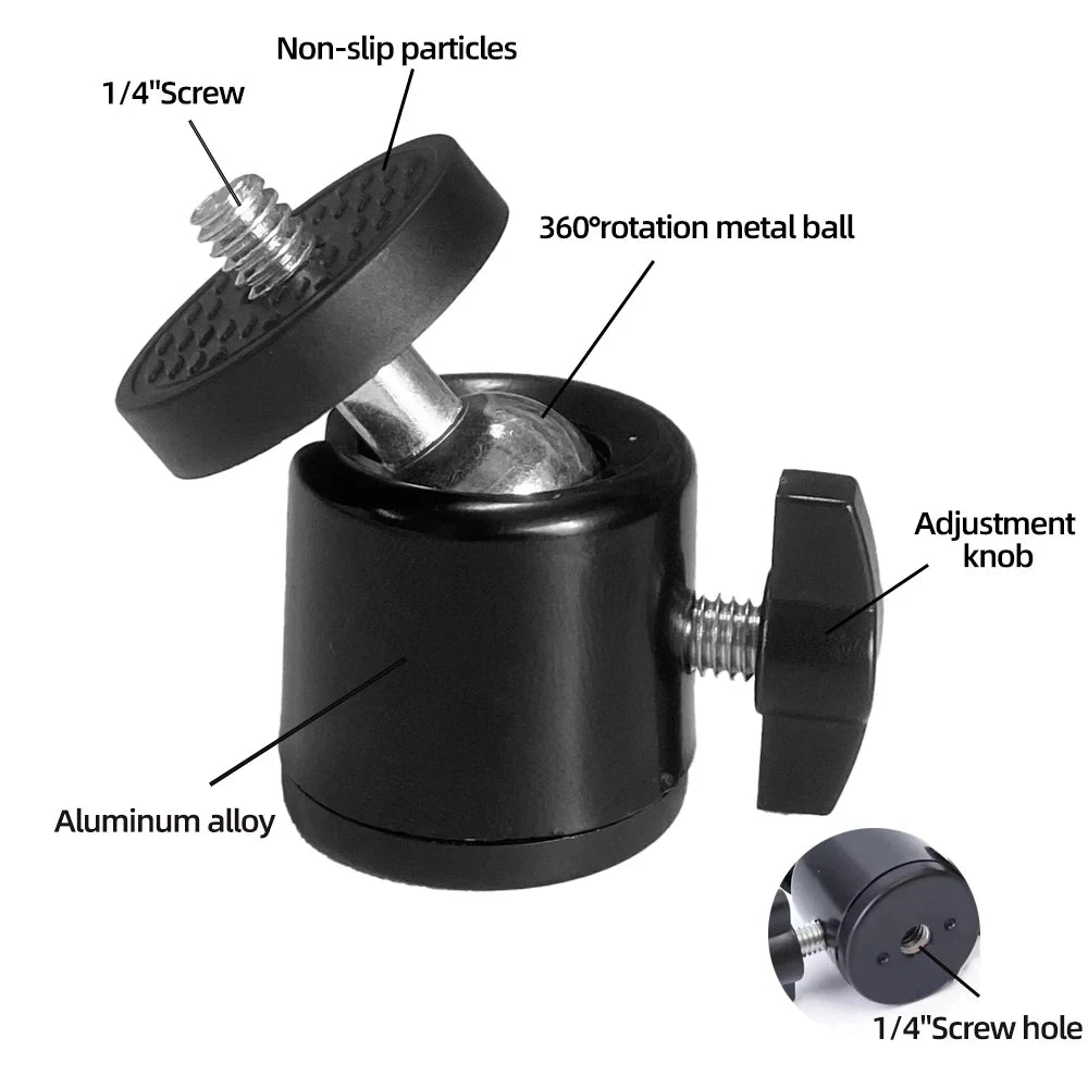 Adaptador de cabezal de cámara para trípode con zapata de 1/4" y orificio para tornillo, cabezal esférico con bloqueo, soporte para flash y luz LED para cámaras DSLR y DV.