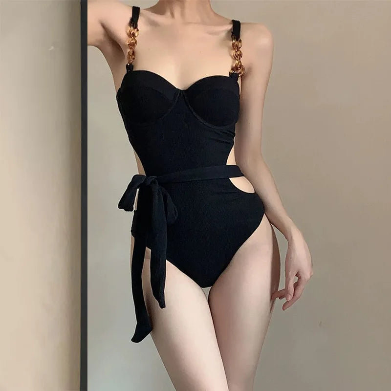 Sexy Fashion Swimsuit One Piece Black and Beige Underwire Bikinis with Waist Tie Hollow Bodysuits Bikinis Padded Swimwear