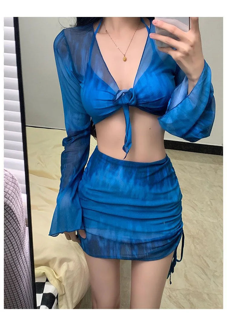 Conjunto de bikini para mujer, traje de baño Vaion separado, Pure Desire, sexy, de cuatro piezas, conservador, ajustado, pecho pequeño, fruncido, persona...