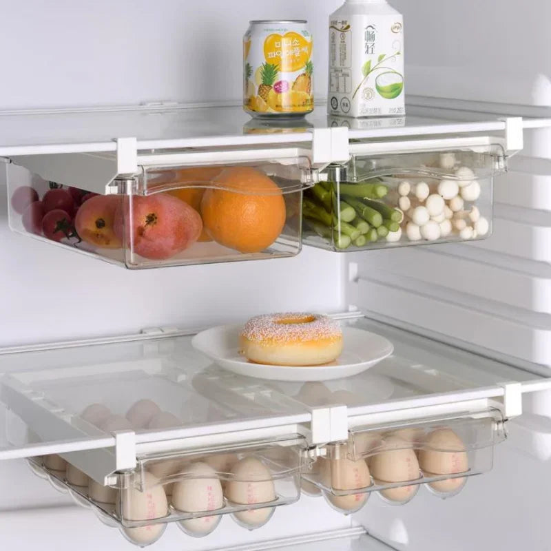 Caja de almacenamiento de alimentos tipo cajón para refrigerador, máquina para envasar frutas, soporte para estantes, contenedor deslizante de plástico para cocinar