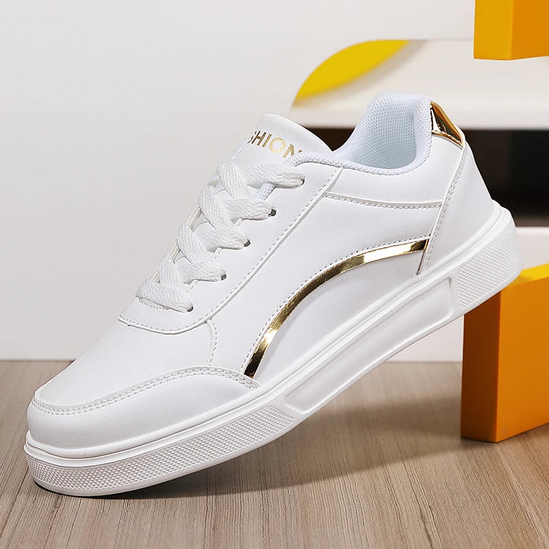 Zapatos blancos planos para mujer, informales, con cordones, de piel sintética, suela gruesa, de lujo, para exteriores