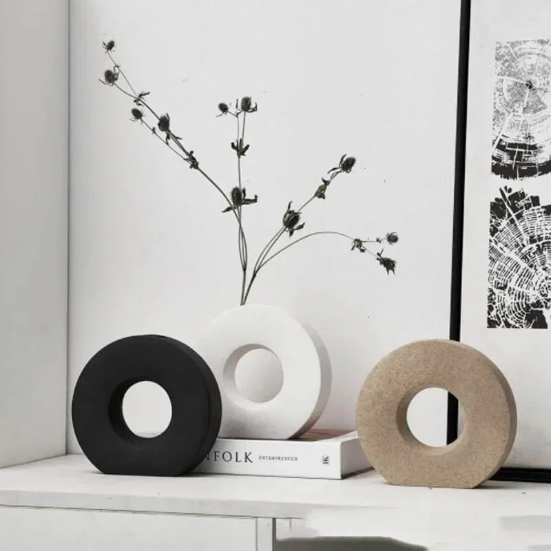 Jarrón nórdico para decoración del hogar, jarrón de donut de lujo, decoración para sala de estar, jarrón de flores simple, decoración de centro de mesa mate
