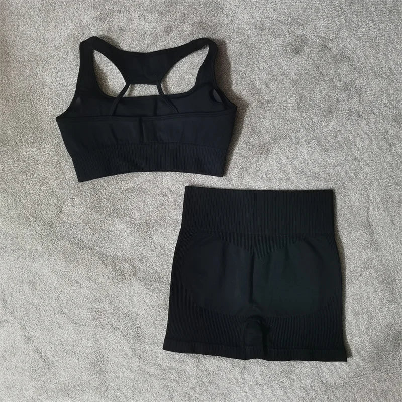 Conjunto de yoga fitness sin costuras para mujer, ropa deportiva de cintura alta, leggings, pantalones cortos de dos piezas, ropa de gimnasio para mujer