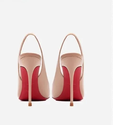 Sandalias sexis de tacón alto y punta abierta para mujer, tacón fino sin espalda, suela roja, color negro, nuevo estilo 2025, punta afilada, suela de goma.