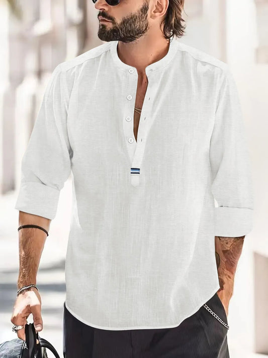 Camisas nuevas de algodón y lino para hombre, camisas casuales, de color liso, ligeras, de manga larga, estilo Henley, playeras, camisetas hawaianas para hombre.