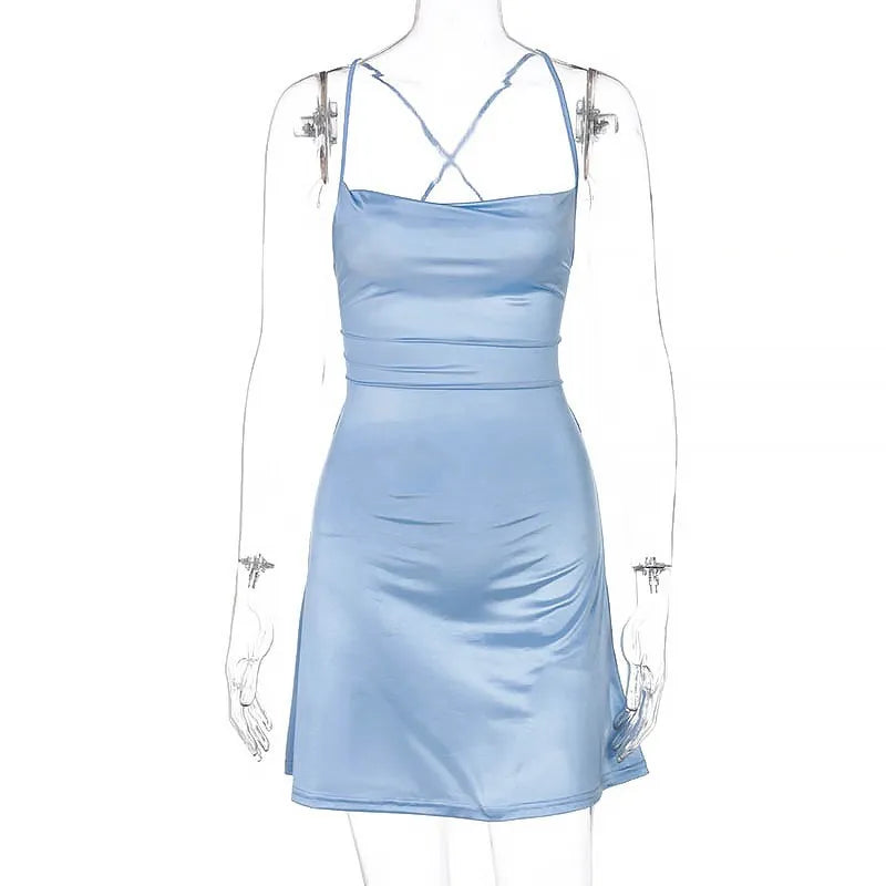 Sexy Hollow Backless Skinny Dresses Women Spaghetti Strap Cross Ribbon Mini Dress Pleated Lace Up Dress Lady Y2K Party Clubwear