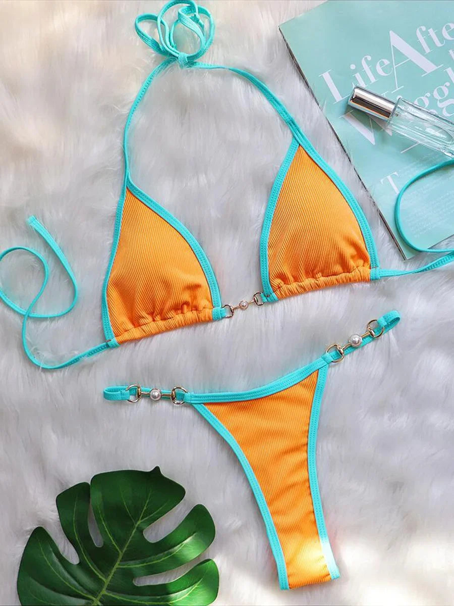 Bikini sexy con cuello halter y perlas para mujer, traje de baño femenino de dos piezas con ribete acanalado