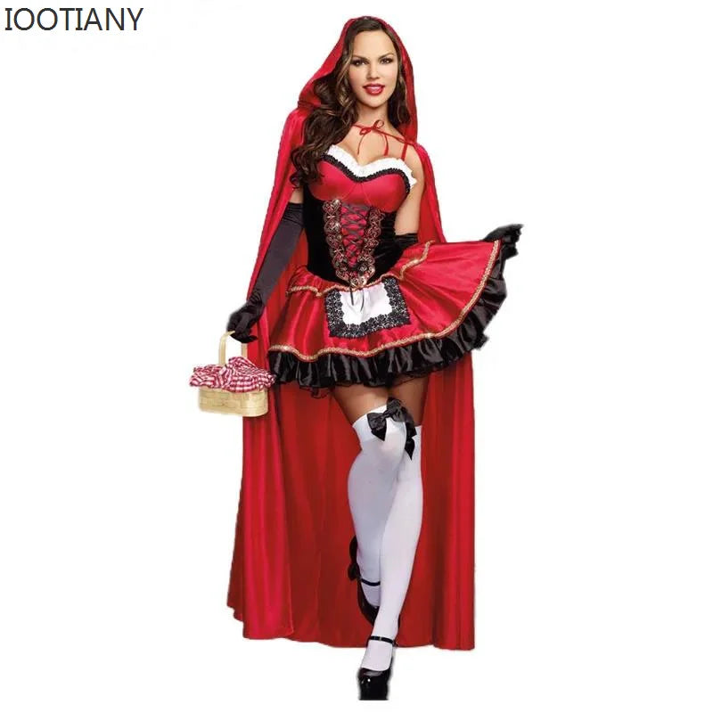 Women Little Red Riding Hood Costume Fancy Adult Halloween Cosplay Fantasia Carnival Fairy Tale Girl Dress+Cloak Women Party Set