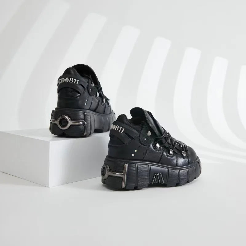 Zapatos de cuero estilo punk para mujer, con cordones, tacón de 6 cm de altura, plataforma, botines góticos para mujer, botas de motociclista de PU, zapatillas de suela gruesa
