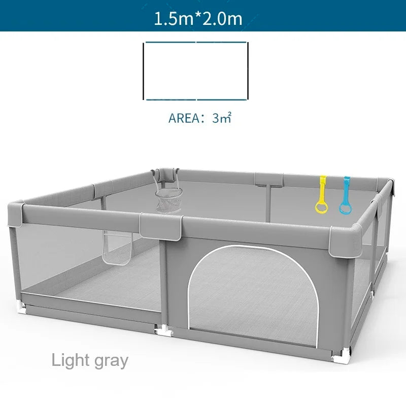 Corralito para bebés IMBABY gris claro con anilla de tiro, barrera de seguridad para niños, cerca y caja de pelota para juegos.